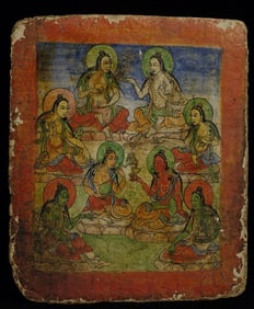 18/19thC Tibetan Buddhist painting with writing on the back.