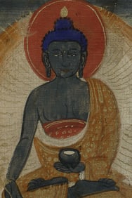 Miniature Blue Buddha Antique Mongolian Thangka-Fine