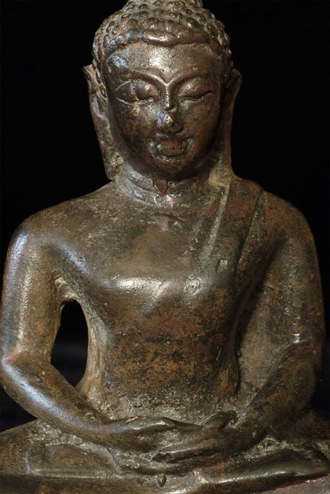 Antique Thai Buddha- probably 19thC. Some denting and: Antique Thai Buddha- probably 19thC. Some denting and wear. Sits 4.75 inches tall.