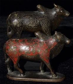Pair of Antique Inlaid Bronze Nandi Figures