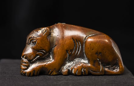 18/19thC Chinese scroll weight of an animated lion.-New Photos