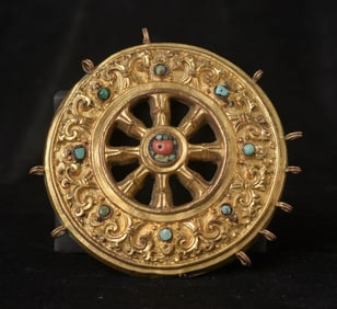 18 /19 century Tibetan gilded copper wheel of the law ( 5"Diameter ) a beautiful object.