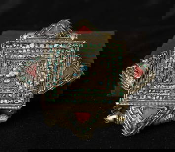 Superb Nepalese Gau Box- Silver with Turquoise.: Superb Nepalese Gau Box- Silver with Turquoise - ( 4"H x 3.75"W x .75"D ) - 80g Special!!