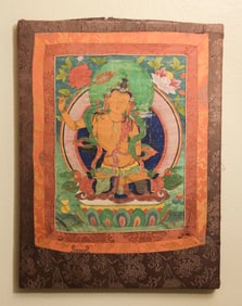 Antique Tibetan or Mongolian Thangka. Beautiful central figure.