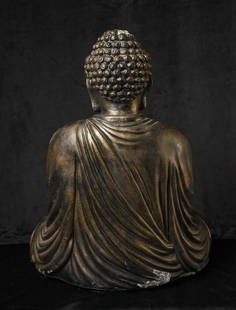 Large, classic-style Japanese Buddha, solid cast out of composite material.: A very large, classic-style Japanese Buddha looks like bronze but is actually solid cast out of composite material. It is beautifully modeled and heavy.