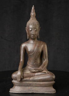 16thC Style Thai Bronze Buddha. Nice example in a Utong C style.: 16thC Style Thai Bronze Buddha. Nice example in a Utong C style. It does not appear to be a period piece, but to be 19th century to vintage ( 10.25"H x 5.5"W x 3.25"D ) - 3.11lbs