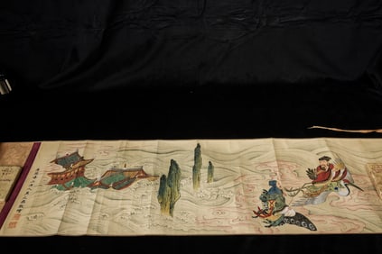 19thC Chinese painted story scroll. Beautiful!!