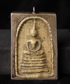 Huge antique Thai Amulet in solid silver case. Rare to find this type in this massive size.