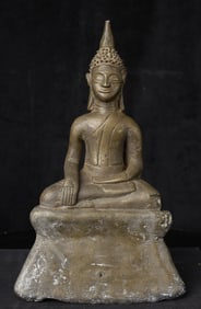 16-18thC Laos Bronze Buddha with a delightful smile.