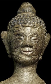 16-18thC Laos Bronze Buddha. Delightful Laos Buddha in a folk style. Sits 9 in tall