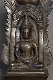 17/18thC Cambodia bronze Buddha. Good size w. integral base+backplate- rare type.