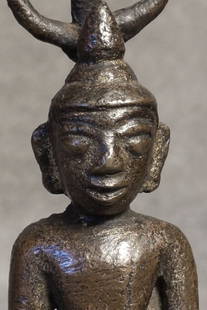 15thC Bronze Buddha Under Bodhi Tree, 4.5" Tall: 15/16thC bronze Burmese Buddha under a stylized Bodhi tree. Looks similar to the later Shan style, but solid-cast, with the short ears, "bubble" eyes, and rounder face, he is several hundred years ear