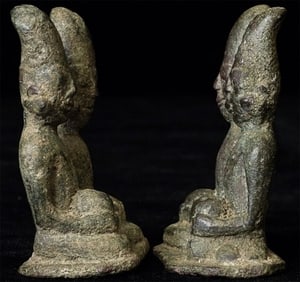 2 Pairs 18thC Bronze monks-Mirror Sets--1 each with Conch Shell, and 1 each with Bowl.
