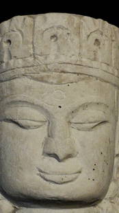 Pagan- Stone Buddha Head probably 12/13thC -Extensive wear.: Pagan Buddha Head is 3.25 inches tall, on the attached custom museum -style base, the total height is 4.75 inches.