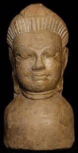 Authentic 13thC Haripunchai Thai Buddha Bust.: Authentic 13thC Haripunchai Thai Buddha Bust. Made of terracotta, I believe that this was originally made as a bust only. Found by a farmer in the 1960s in Northern Thailand outside Lamphun, the ancie