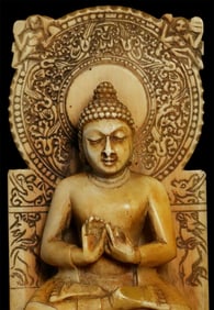 19thC Teaching Buddha Finely Carved Bone India Buddhist Stele- Detailed