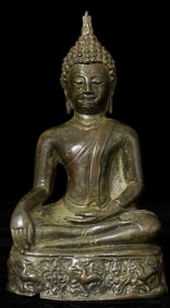 18/19thC/Earlier Thai Bronze Buddha w/ Lion on Base, Rare type