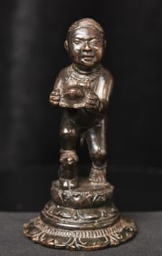 Highly unusual antique solid-cast Chinese youthful figure with giant frog. 4.75" tall. Probably