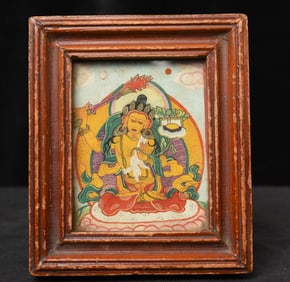 Lovely old Mongolian Thangka in a wooden gau. Box