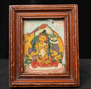 Lovely old Mongolian Thangka in a wooden gau. Box: Lovely old Mongolian Thangka in a wooden gau. Box measures 6" x 5" x 1" deep.