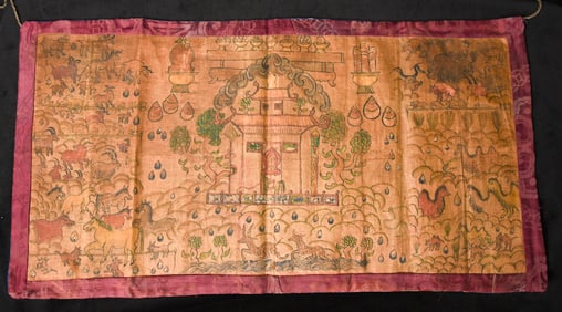 Antique Mongolian Colored Drawing on Cloth- Complex, Well Drawn and Finely Detailed