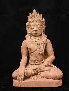 13thC Thai Haripunchai Buddha Figure, Terracotta, AUTHENTIC- RARE: 13thC Thai Buddha, Terracotta. Haripunchai type related to Khmer Empire. Rare to find a complete small Buddha in such good condition- usually you find fragments or heads with damage. (5.125"H x 3.125"