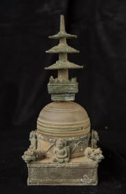 Gandhara Stupa-Well cast bronze, finely carved old glass (?) crystal-Look
