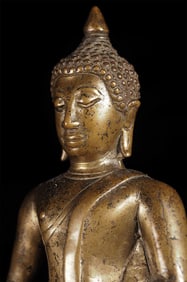 Superb 15/16thC Northern Thai Bronze Buddha on custom base. This piece measures 5.5" tall and 6.75"