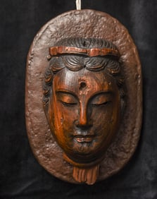 14thC Japanese Muromachi Buddha face on recently sculpted bronze custom mount. Large,