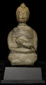12/13thC Khmer Lime Pot figure holding a dog.Superb Museum Level Example-Rare