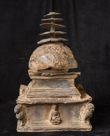 2nd to 7thC Gandharan silver Stupa, LARGE, with Buddhas on each side-Authentic