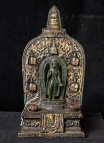 17-19thC GLASS BUDDHA W. GILT-COPPER MANDORLA INAID W. CRYSTAL STUPAS