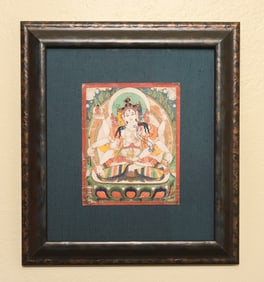 Antique Mongolian Thangka of 3 Face 6 Arm Bodhisattva-Best framing