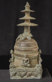 Bronze and ancient glass Buddhist Stupa, possibly in the style of Gandara.
