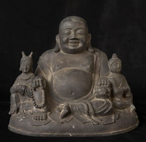 Antique Chinese Bronze Hotai ("Happy Buddha") with attendants.
