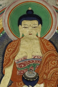 High-quality antique Mongolian Thangka with a richly gilded central figure.