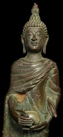 Circa 1900 Thai Bronze Buddha as Monk w begging bowl. Stands11 in, w base13.25 in
