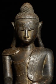 18/19thC Large Burmese Bronze Buddha extensive inscription-Finely Cast, Best