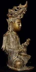 Large Ming Bronze Bodhisattva of Compassion with beautifully rolled scroll.