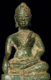 14/15thC true miniature Thai bronze Buddha. Very fine and rare.