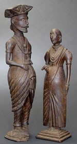 18thC Sri Lanka Portrait Sculptures, Fine Wood Pair-Rare Colonial European-13.25" Tall