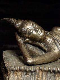 Solid silver 18thC Ayuthaya Reclining Buddha - Rare Type.