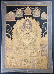 Antique Tibetan Thangka--intricate, - black ground - unique. Quite rare, fine and intense