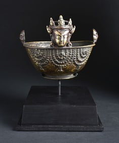 15-17thC Tibetan Bronze Skull Cup. Remains of Gilding (nearly life-size)