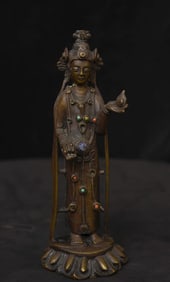 16/17thC/earlier Korean Bronze Buddha Bodhisattva- fine example- solid cast, stones, great face