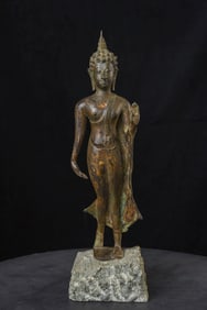 16/17thC Sukhothai Thai Walking Buddha. Well sculpted, cast, and finished.