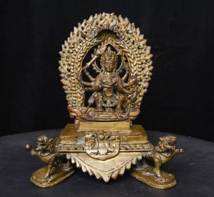 18/19thC Indian Hindu Bronze Shrine- Fierce Protective Multi-Arm Deity supported by Lions.