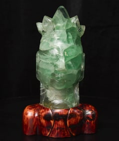 19thC Chinese Fluorite Crystal Buddha Head on original Ching Wooden "Shoulders"