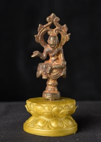 Tang Bronze Quanyin or Buddha with Remains of Rich Gilding.