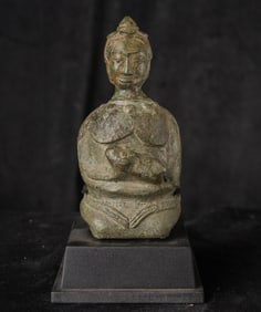 12th/13thC Khmer Lime Pot Figure Holding a Dog. Superb Museum Level Example. Rare